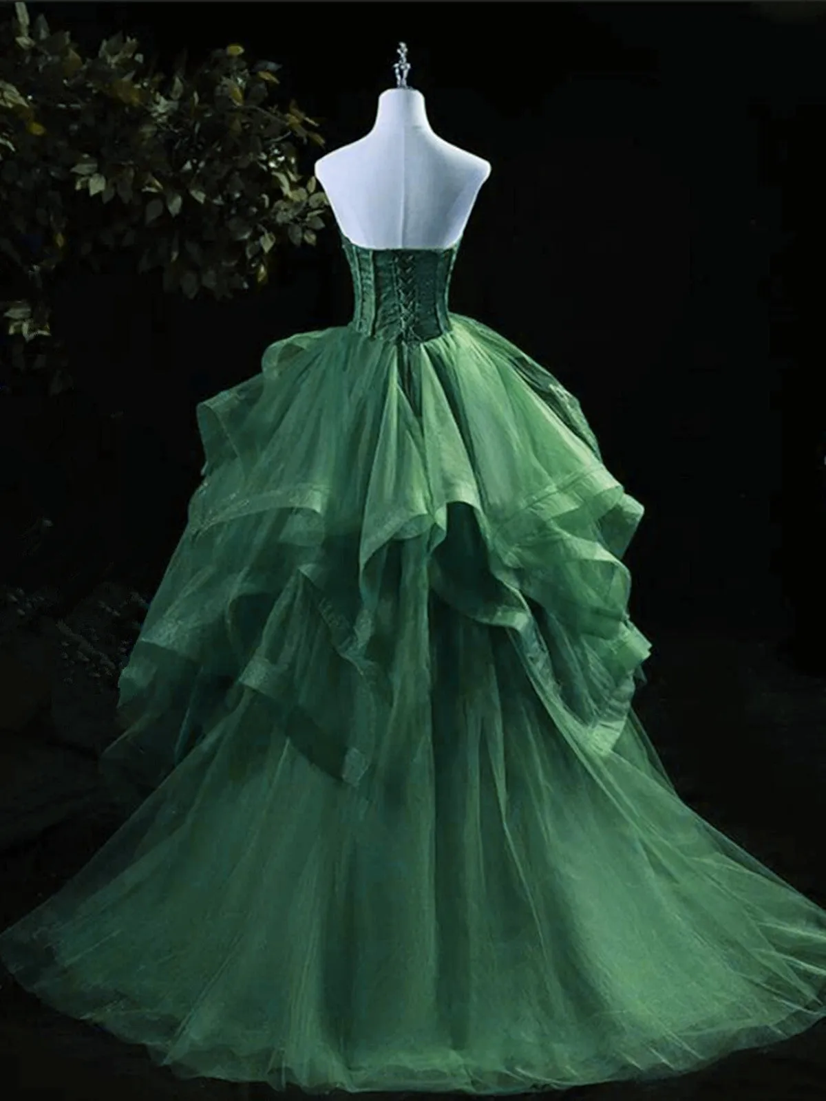 Green High Low Tulle Ruffles Tiered  Beaded Party Dress, High Low Green Prom Dress
