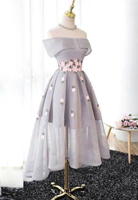 Grey Off Shoulder High Low Dress, High Low Formal Dress