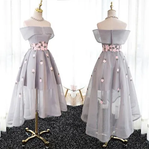 Grey Off Shoulder High Low Dress, High Low Formal Dress