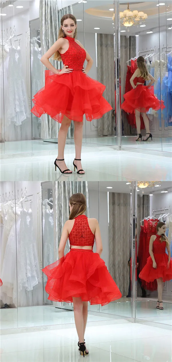 Halter High-Neck Red Organza Beading Top Homecoming Dresses, HD0497