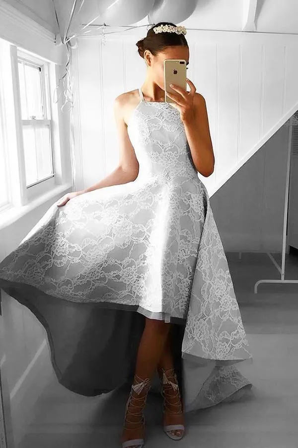 High-Low Sleeveless Grey Satin Prom Dress Evening Dress with Lace PG093