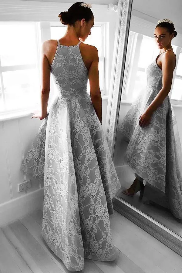 High-Low Sleeveless Grey Satin Prom Dress Evening Dress with Lace PG093
