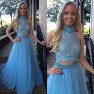 High Neck Beading A-Line Prom Dresses Evening Dress