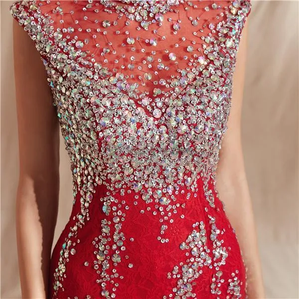 High Neck Red Heavily Beaded Mermaid Evening Prom Dresses, Evening Party Prom Dresses, 12071