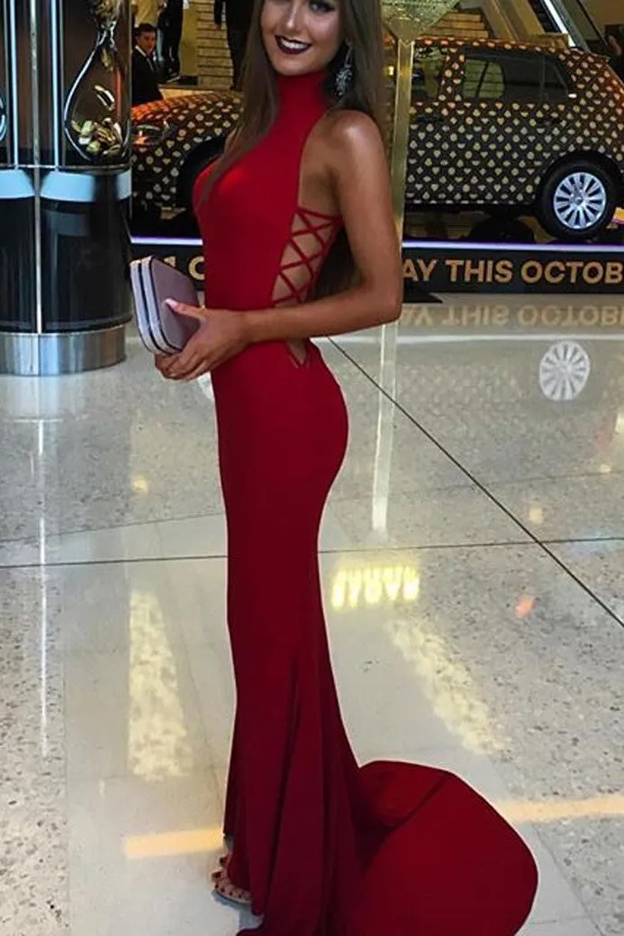 High Neck Red Mermaid Prom Dress,Long Sexy Evening Party Gowns OK628