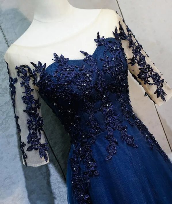 High Quality Navy Blue 1/2 Sleeves Tulle Party Dress, New Prom Dress