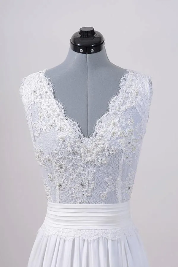 High Quality V-neck Floor Length Chiffon Wedding Dress with Appliques WD007
