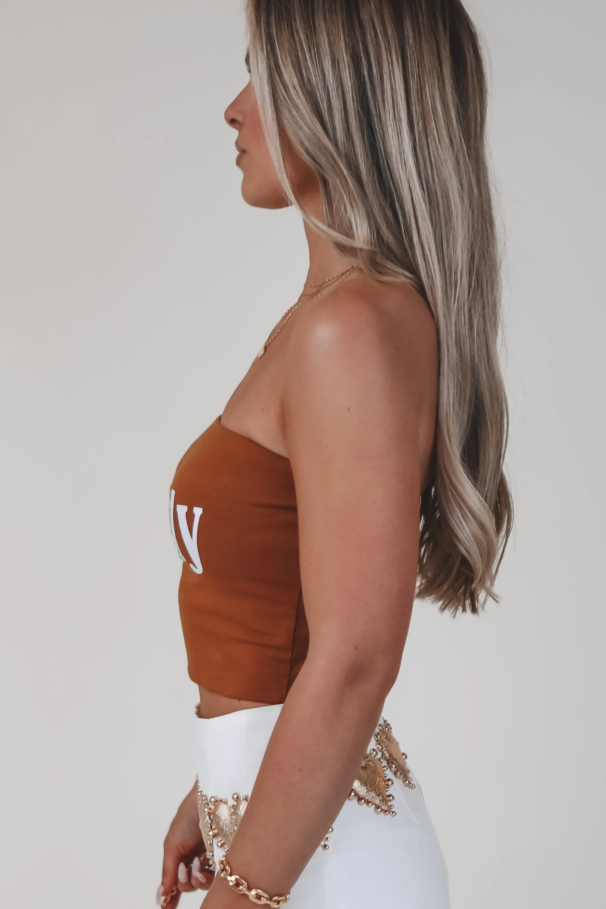 Howdy Double Lined Brunt Orange Western Strapless Graphic