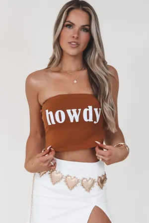 Howdy Double Lined Brunt Orange Western Strapless Graphic
