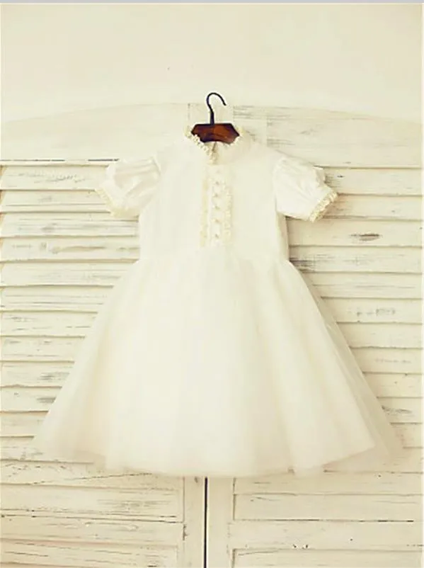 Lace Tulle Princess High Neck Short Sleeves Flower Girl Dresses Tea Length Dress