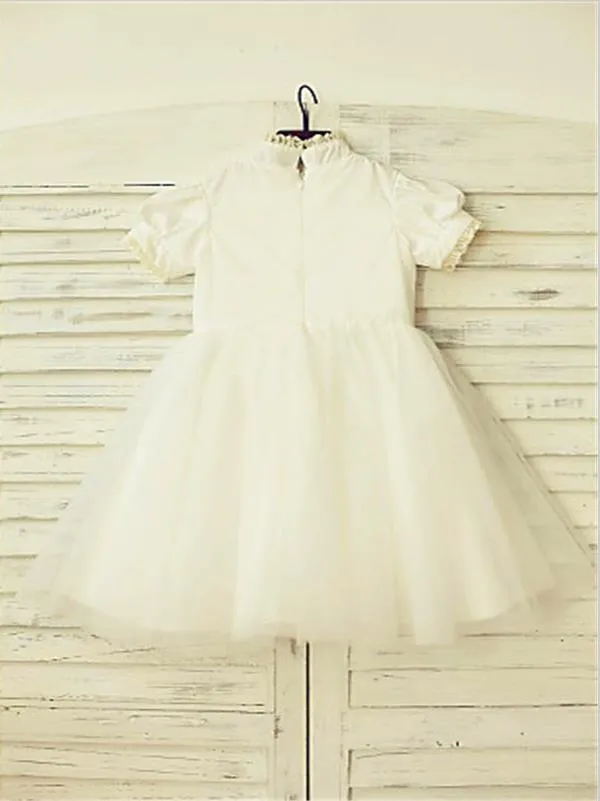 Lace Tulle Princess High Neck Short Sleeves Flower Girl Dresses Tea Length Dress