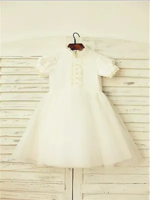 Lace Tulle Princess High Neck Short Sleeves Flower Girl Dresses Tea Length Dress