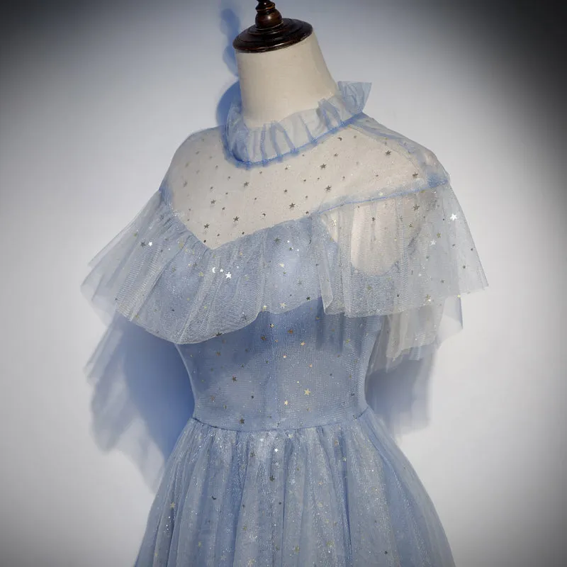Light Blue Shiny Tulle High Neckline Homecoming Dress Party Dress, Blue Short Prom Dress