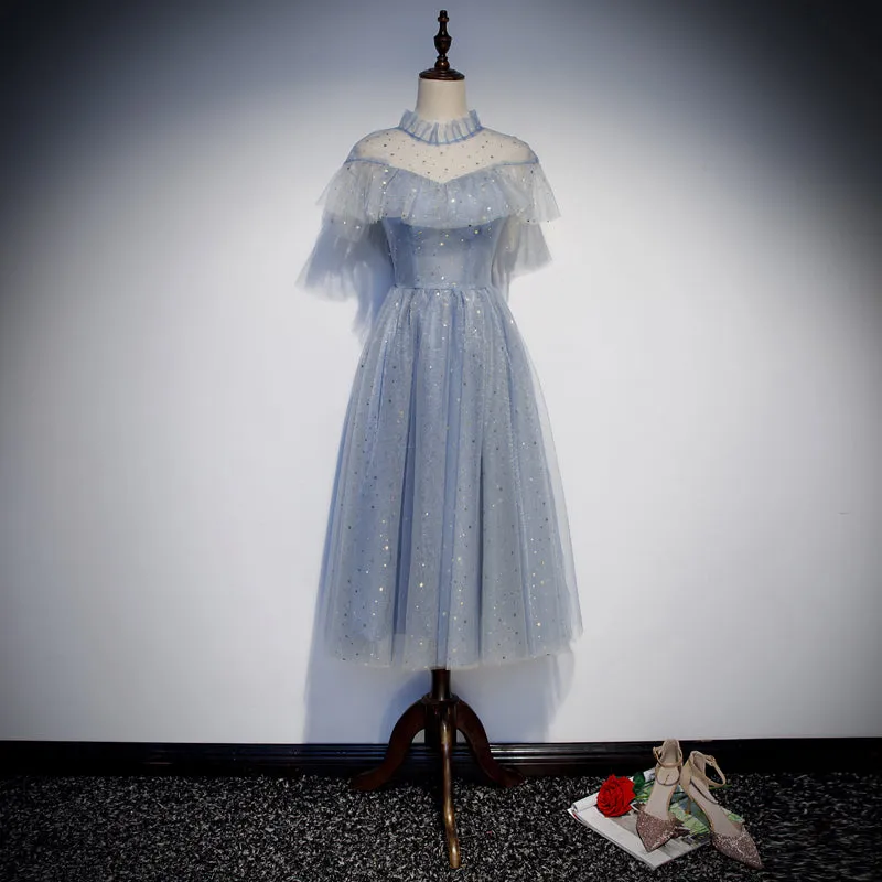 Light Blue Shiny Tulle High Neckline Homecoming Dress Party Dress, Blue Short Prom Dress