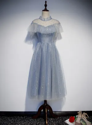 Light Blue Shiny Tulle High Neckline Homecoming Dress Party Dress, Blue Short Prom Dress