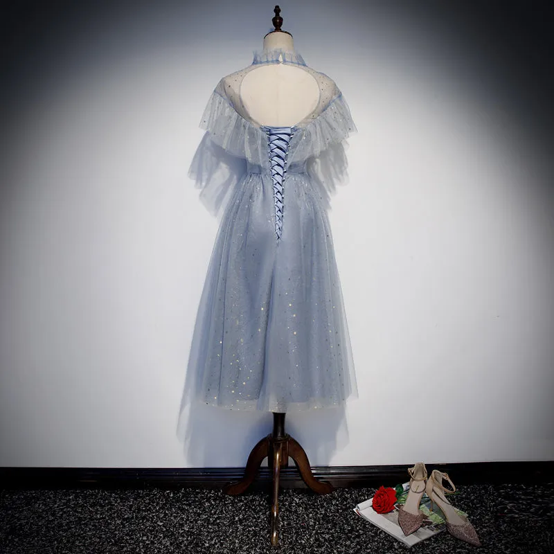 Light Blue Shiny Tulle High Neckline Homecoming Dress Party Dress, Blue Short Prom Dress