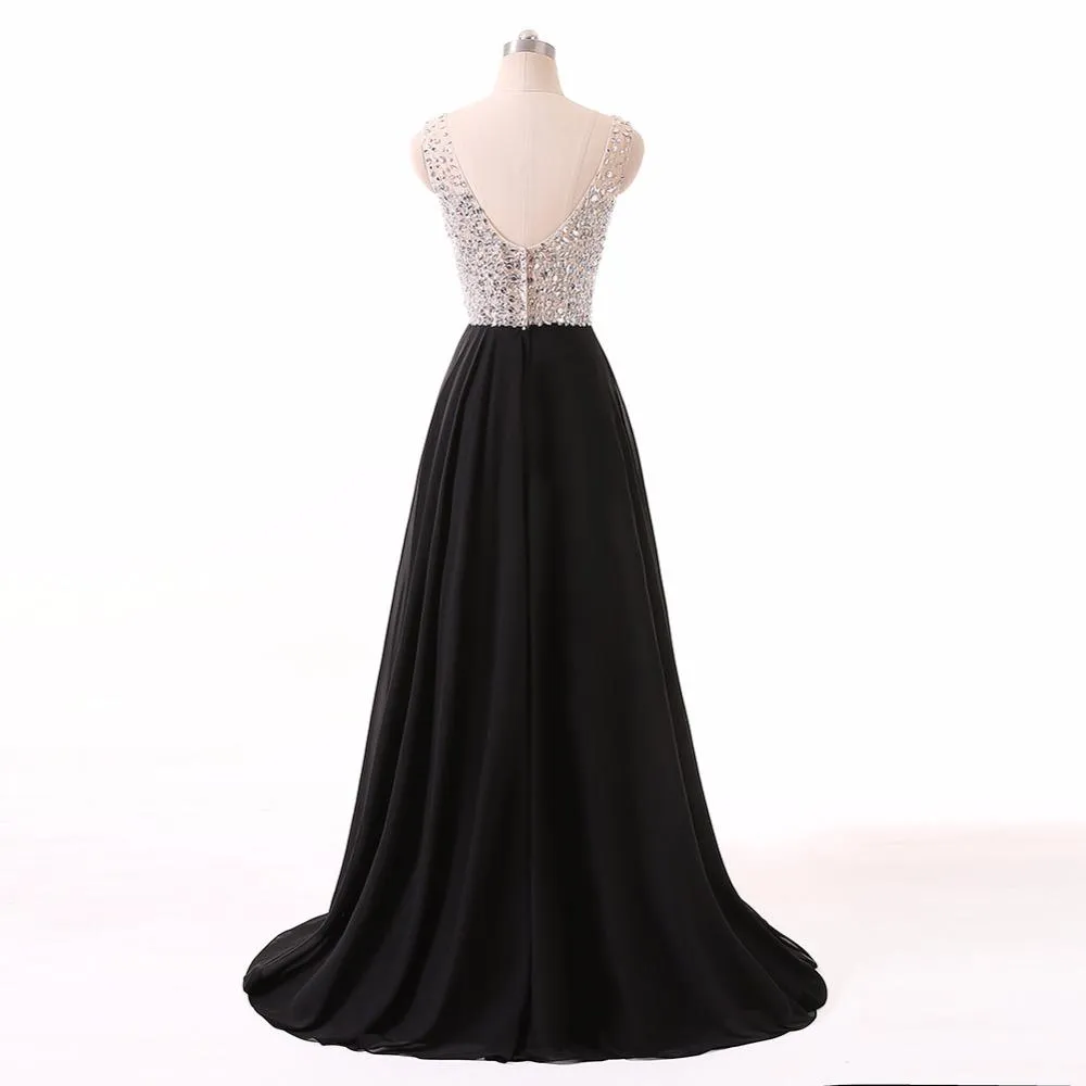 Long Prom Dresses, Chiffon Prom Dresses, A-Line Party Prom Dresses, Sleeveless Evening Dresses, V-Neck Prom Dresses, Beading Prom Dresses Online, LB0342