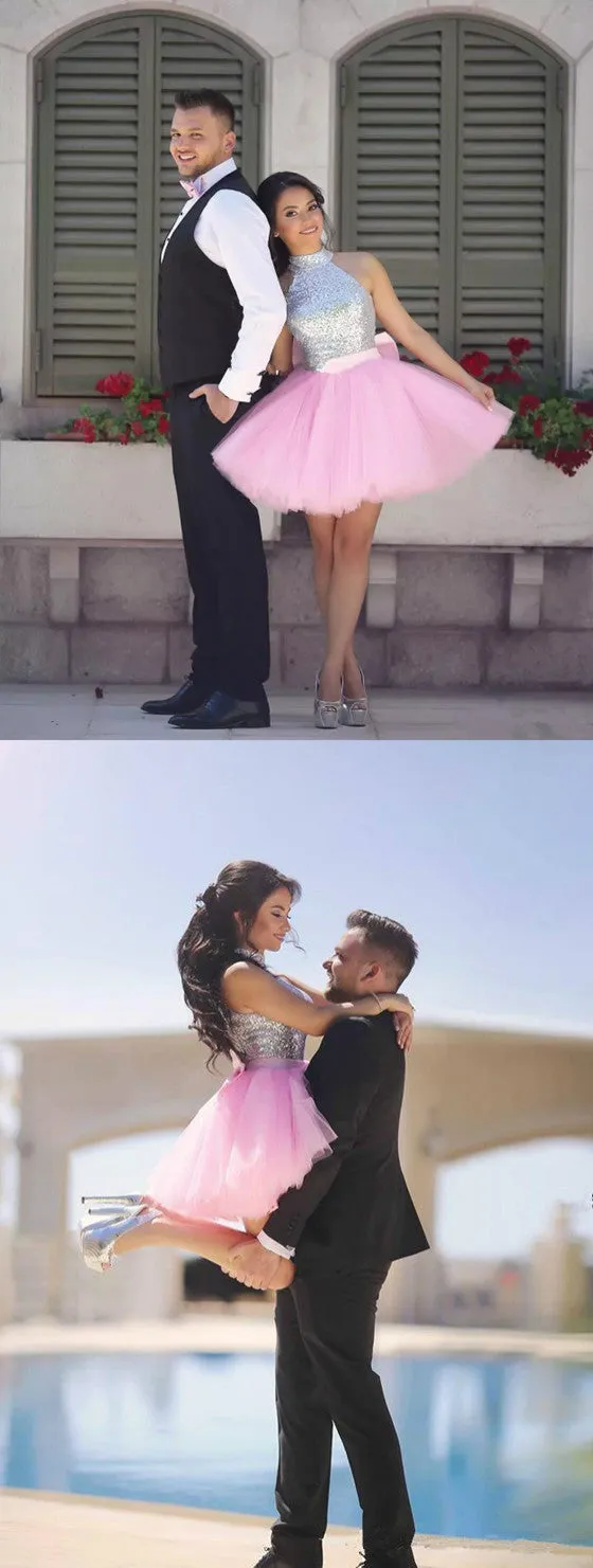 Lovely High Neck Halter Sparkly Sequins Top Pink Skirt Short Homecoming Dresses, HD0378