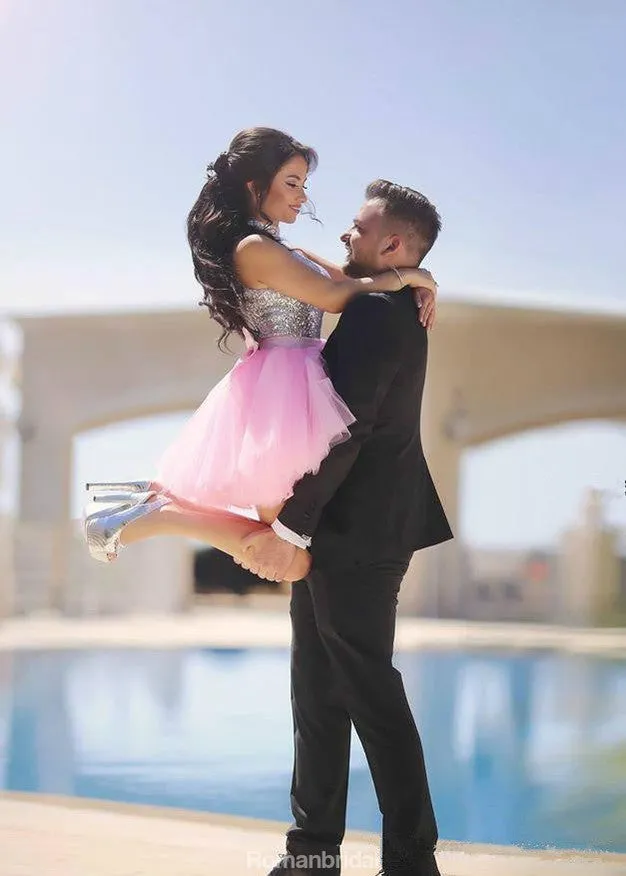Lovely High Neck Halter Sparkly Sequins Top Pink Skirt Short Homecoming Dresses, HD0378