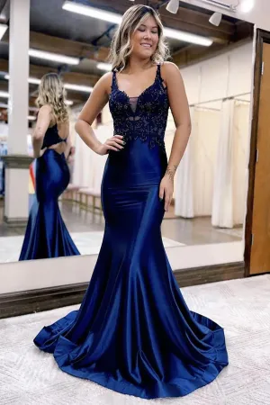 Mermaid Deep V Neck Satin Long Prom Dress with Lace Appliques TP1306