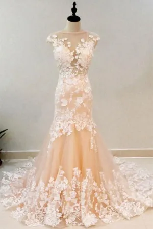 Mermaid Round Neck Champagne Lace Long Prom Dress, Evening Dress CMS211168