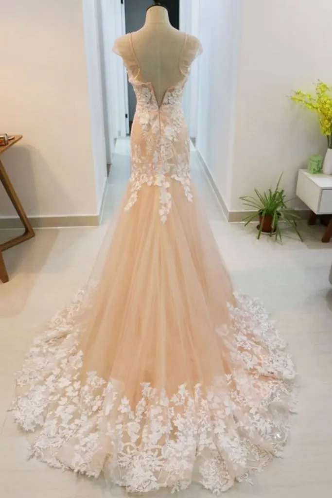 Mermaid Round Neck Champagne Lace Long Prom Dress, Evening Dress CMS211168