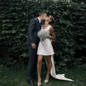 Mini Satin V Neck Bridal Gown Large Bow Open Back Sleeveless Above Knee Length