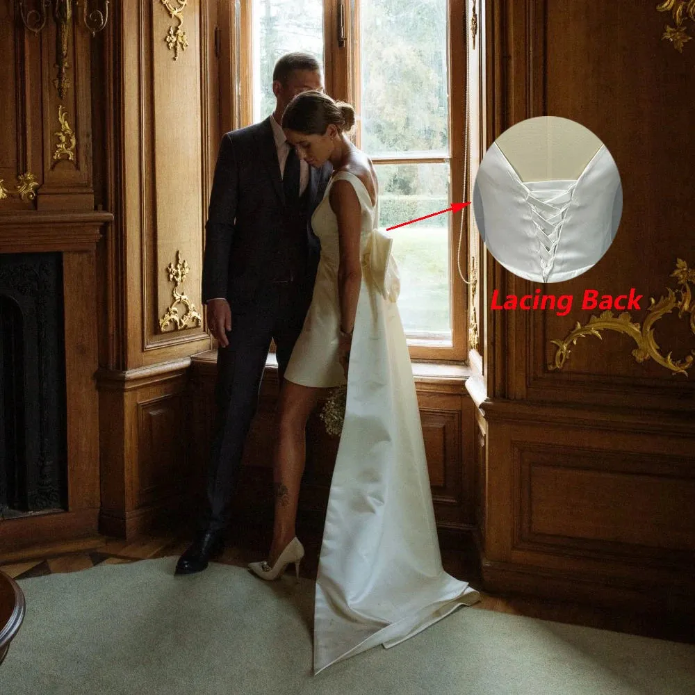 Mini Satin V Neck Bridal Gown Large Bow Open Back Sleeveless Above Knee Length