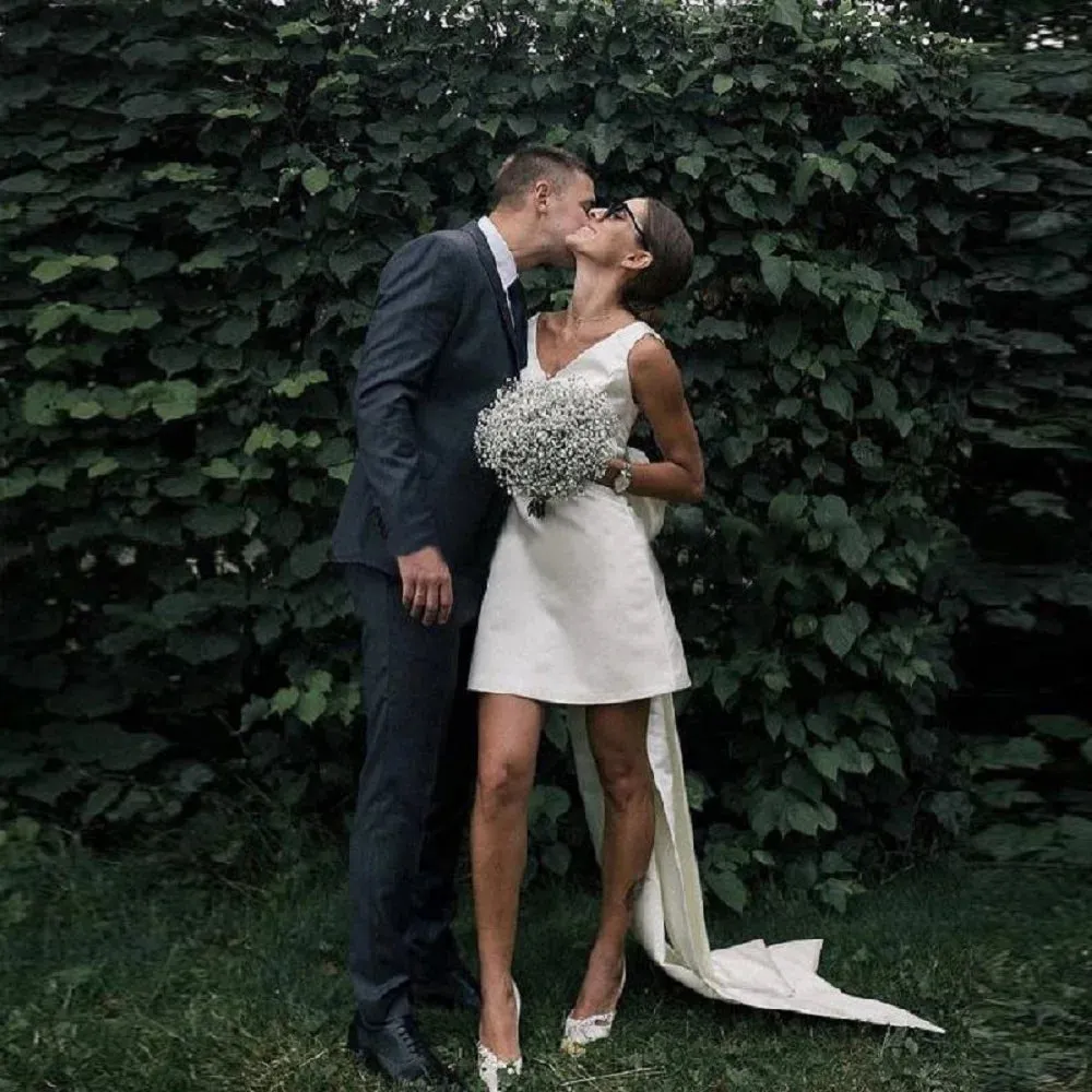 Mini Satin V Neck Bridal Gown Large Bow Open Back Sleeveless Above Knee Length