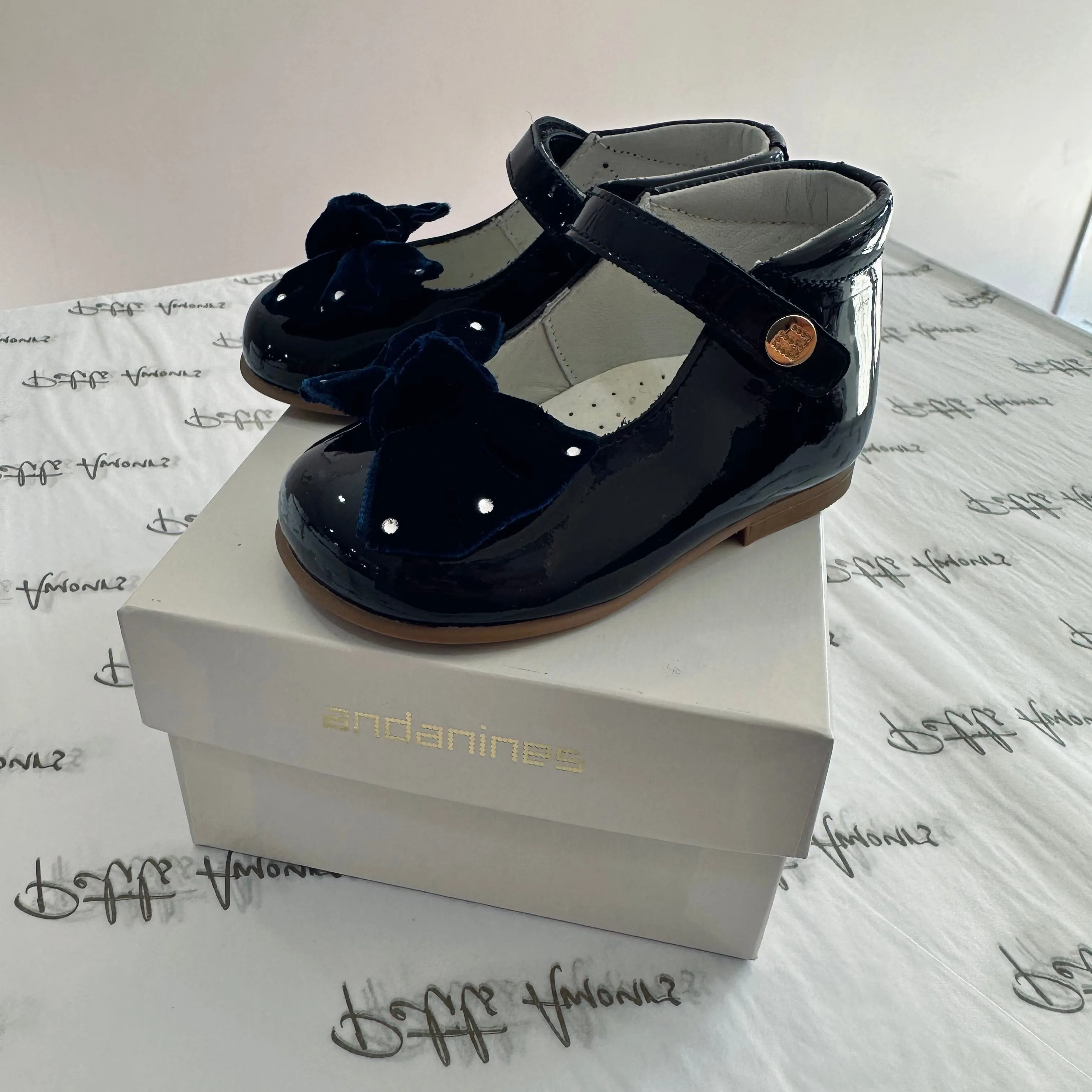 Navy Patent High Top Shoes With Velvet Bow