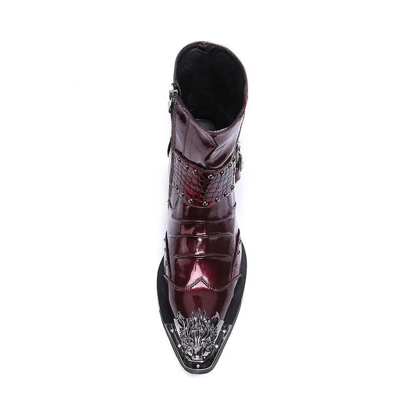New Genuine Leather Men Ankle Boots Punk Style Iron Pointed Toe Zip Mens Military Cowboy Boots High Top Buckles Botas Hombre