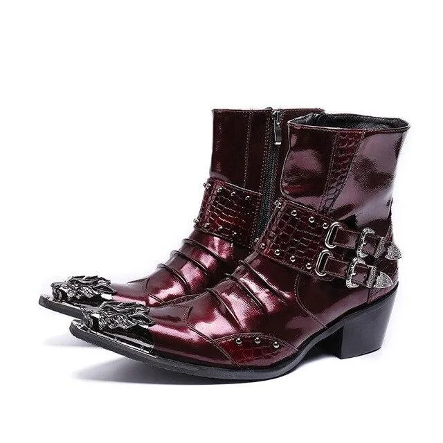 New Genuine Leather Men Ankle Boots Punk Style Iron Pointed Toe Zip Mens Military Cowboy Boots High Top Buckles Botas Hombre
