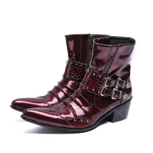 New Genuine Leather Men Ankle Boots Punk Style Iron Pointed Toe Zip Mens Military Cowboy Boots High Top Buckles Botas Hombre