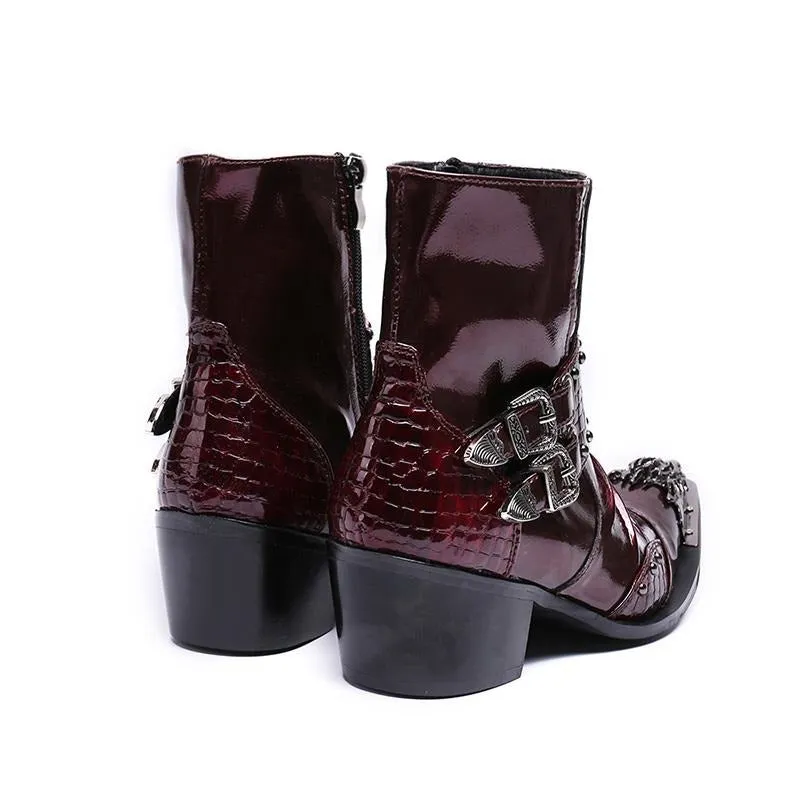 New Genuine Leather Men Ankle Boots Punk Style Iron Pointed Toe Zip Mens Military Cowboy Boots High Top Buckles Botas Hombre