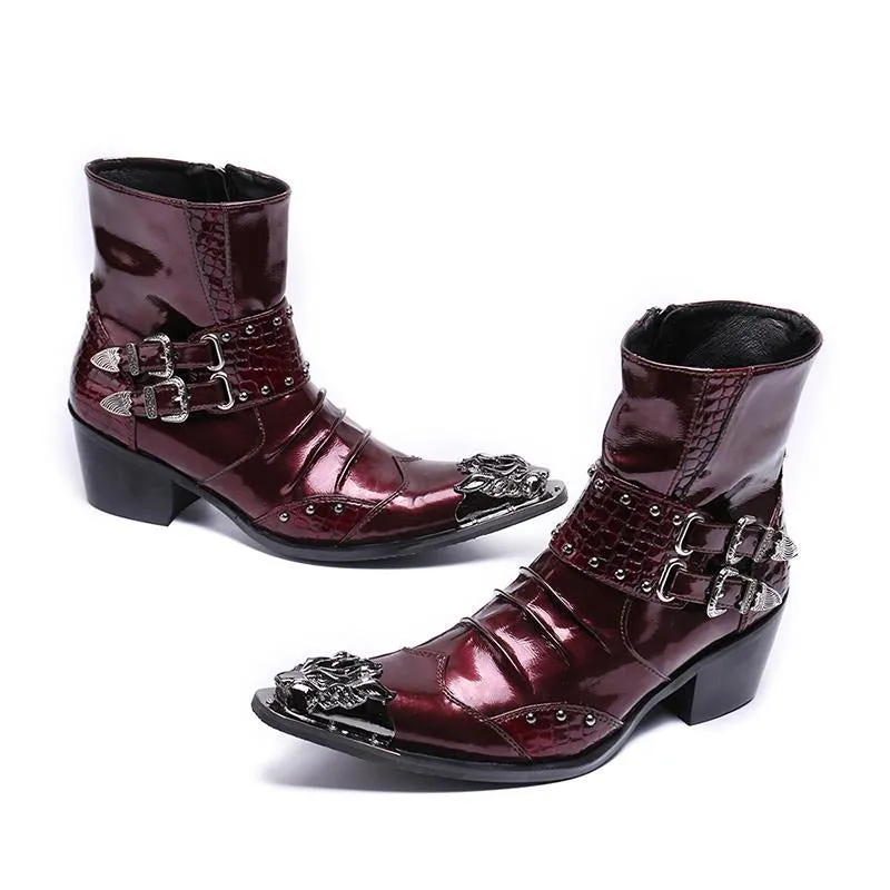 New Genuine Leather Men Ankle Boots Punk Style Iron Pointed Toe Zip Mens Military Cowboy Boots High Top Buckles Botas Hombre