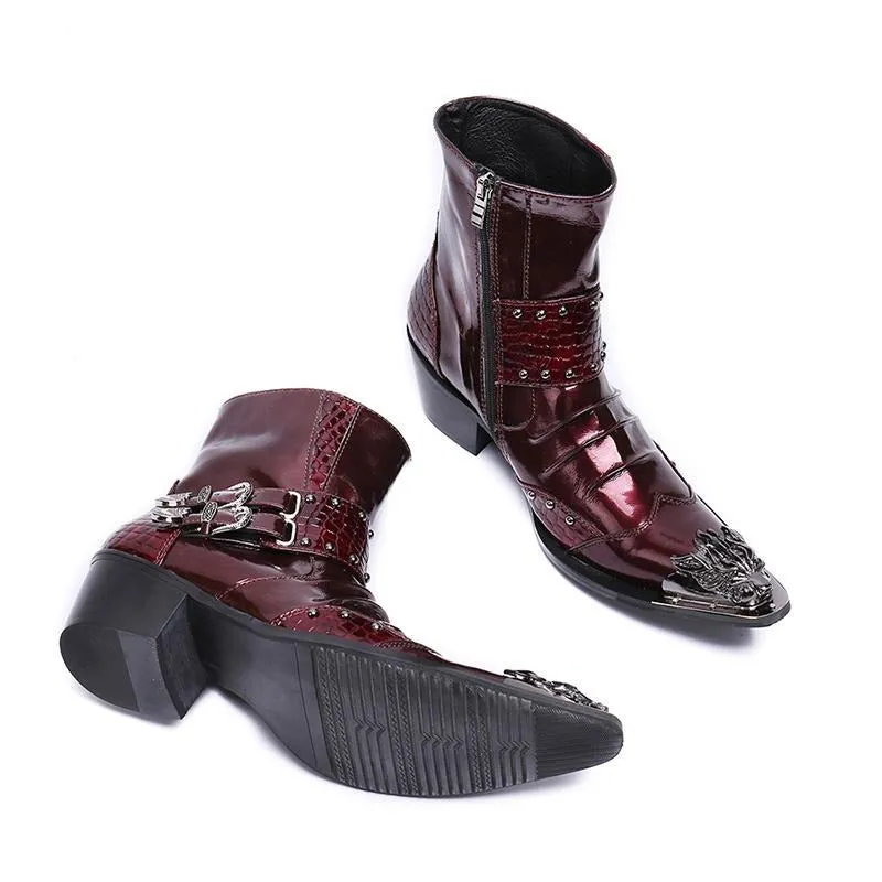 New Genuine Leather Men Ankle Boots Punk Style Iron Pointed Toe Zip Mens Military Cowboy Boots High Top Buckles Botas Hombre