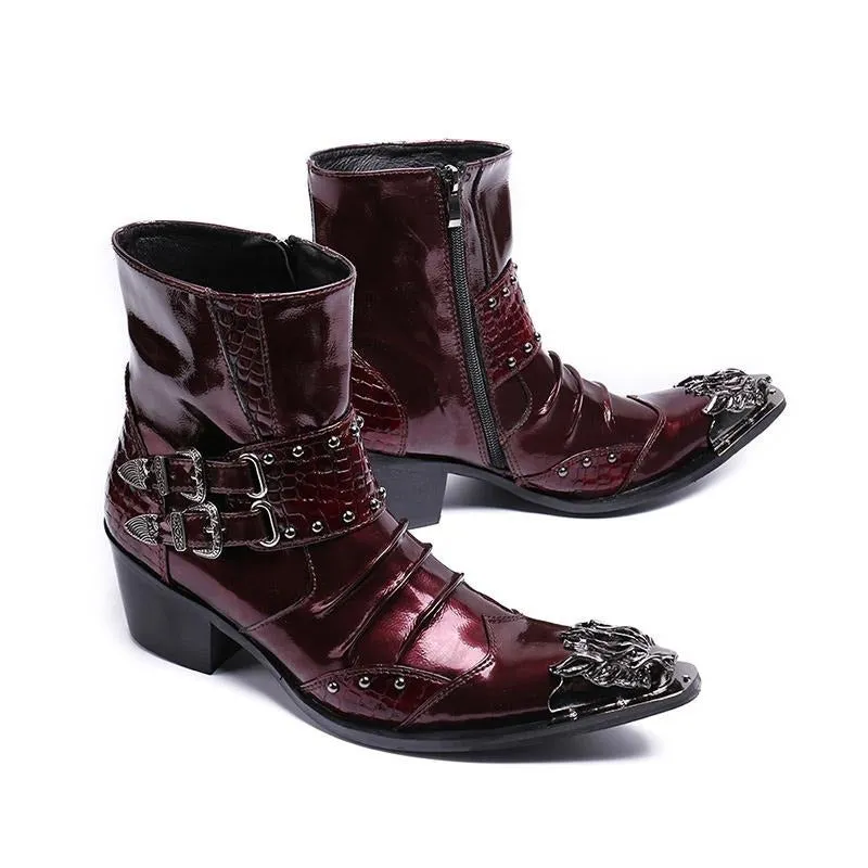 New Genuine Leather Men Ankle Boots Punk Style Iron Pointed Toe Zip Mens Military Cowboy Boots High Top Buckles Botas Hombre