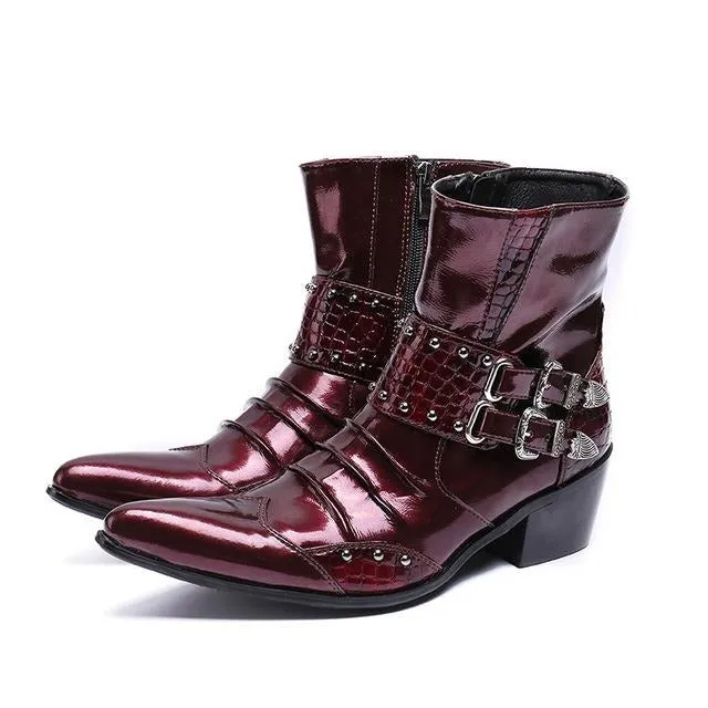 New Genuine Leather Men Ankle Boots Punk Style Iron Pointed Toe Zip Mens Military Cowboy Boots High Top Buckles Botas Hombre