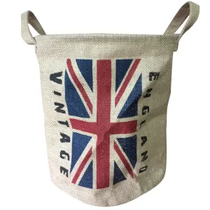 NewFeru Collapsible Vintage Round Burlap Woven Storage Basket Bin Linen Food Container Holder Jute Toy Bucket Organizer with Handles,Flags for Home Closet Cabinet Shelves,Room Table Desk (England)