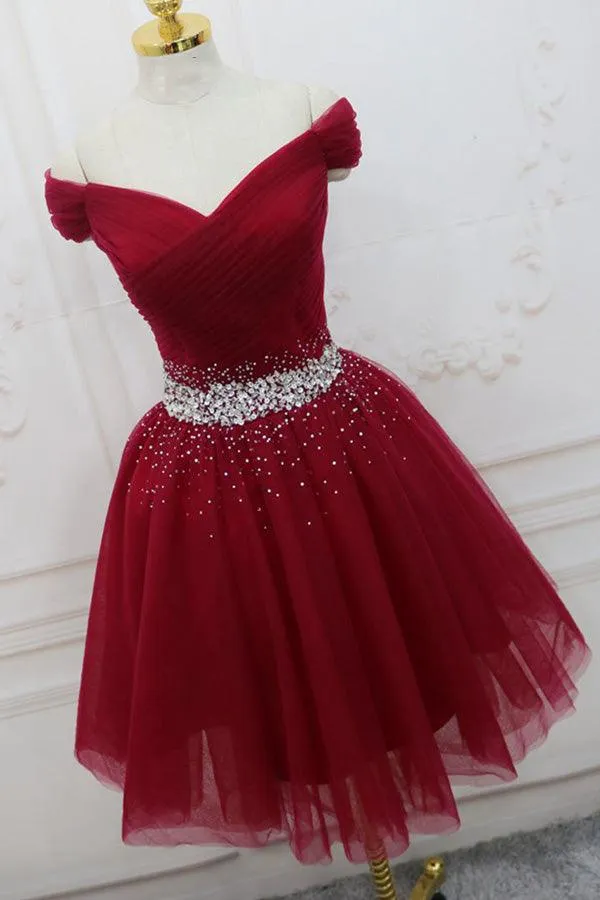 Off The Shoulder Beading Homecoming Dress Tulle Short Prom Dress  HD0180