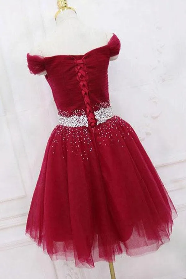 Off The Shoulder Beading Homecoming Dress Tulle Short Prom Dress  HD0180