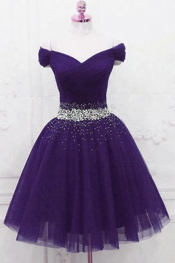 Off The Shoulder Beading Homecoming Dress Tulle Short Prom Dress  HD0180