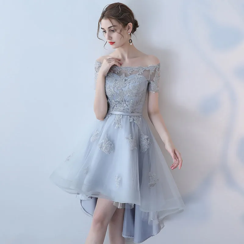 Off the Shoulder Organza A Line High Low Short Sleeves Lace Top Homecoming Dress OKC8