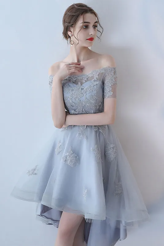 Off the Shoulder Organza A Line High Low Short Sleeves Lace Top Homecoming Dress OKC8