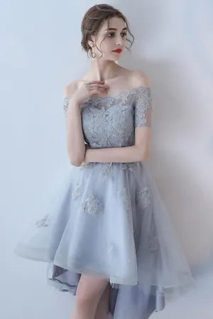 Off the Shoulder Organza A Line High Low Short Sleeves Lace Top Homecoming Dress OKC8