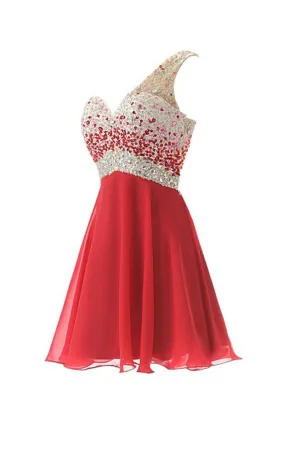 One Shoulder Red Chiffon Beaded Short Prom Dresses ED0671
