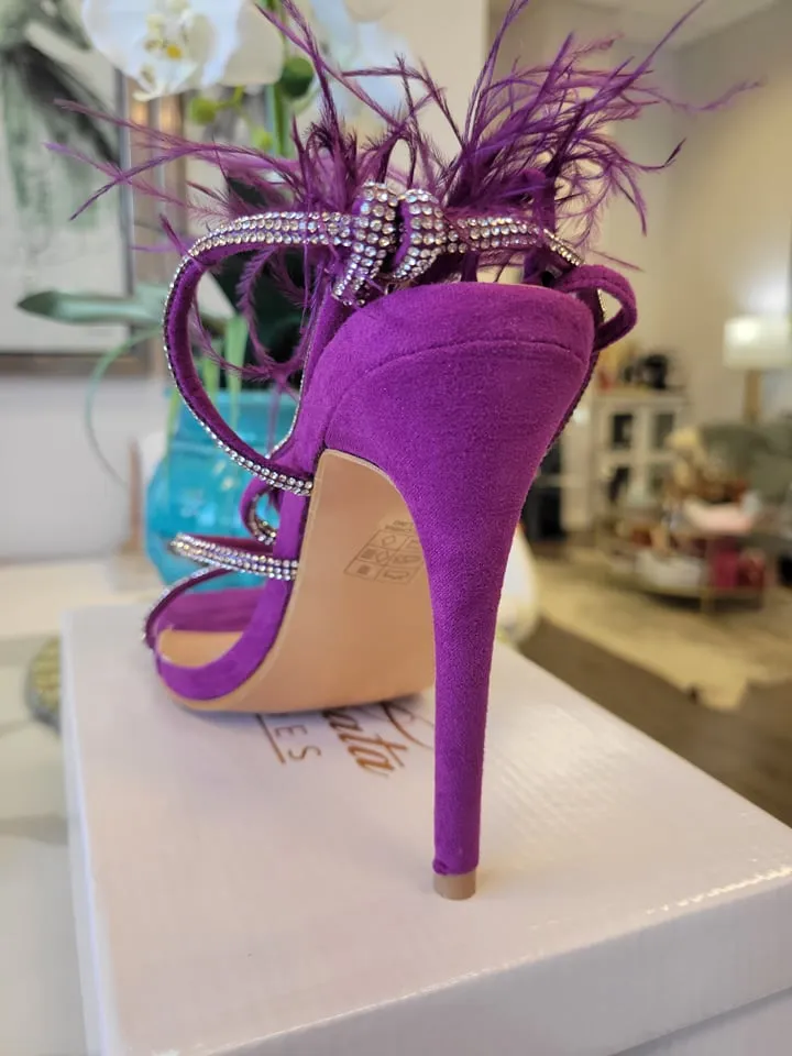 ORCHID SUEDE SANDAL ANKLE WRAP HEELS WITH FEATHER DETAIL