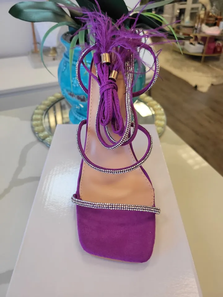 ORCHID SUEDE SANDAL ANKLE WRAP HEELS WITH FEATHER DETAIL