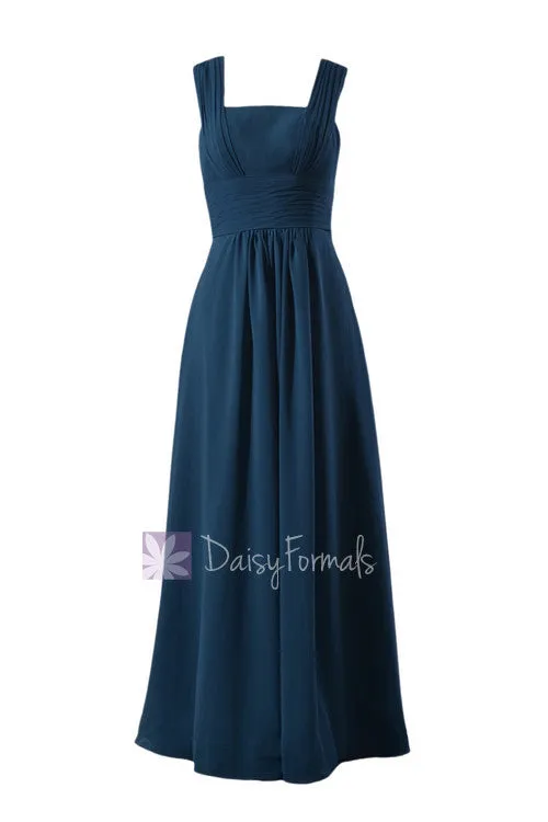 Peacock Blue Chiffon Bridesmaid Dress Floor Length Formal Dress W/Square Neck(BM9826)