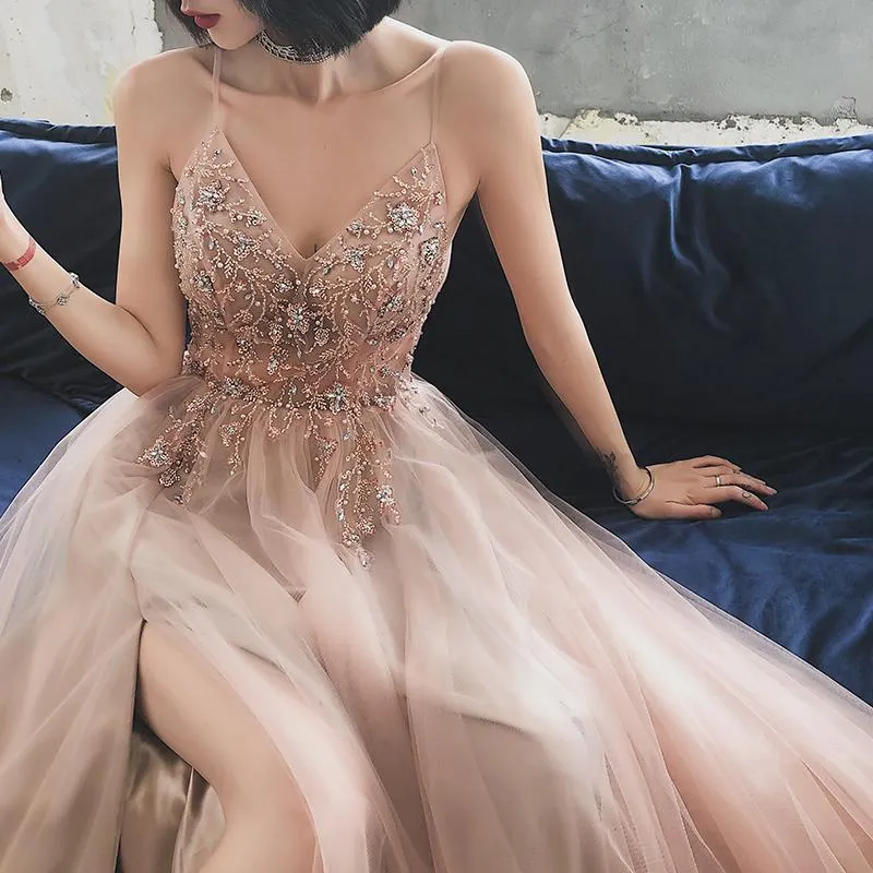 Pink A-line Beaded Tulle High Slit Straps Formal Dress, Pink Tulle Party Dress Prom Dress